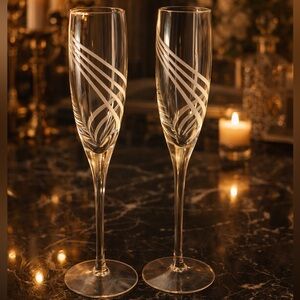 Lenox Etched Crystal Champagne Flutes – Swirl Ribbon Design – Set of 2 – Elegant